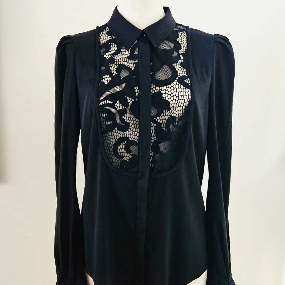 Diane von Furstenberg Lucia Lace Bib Black Silk Blouse Size 8